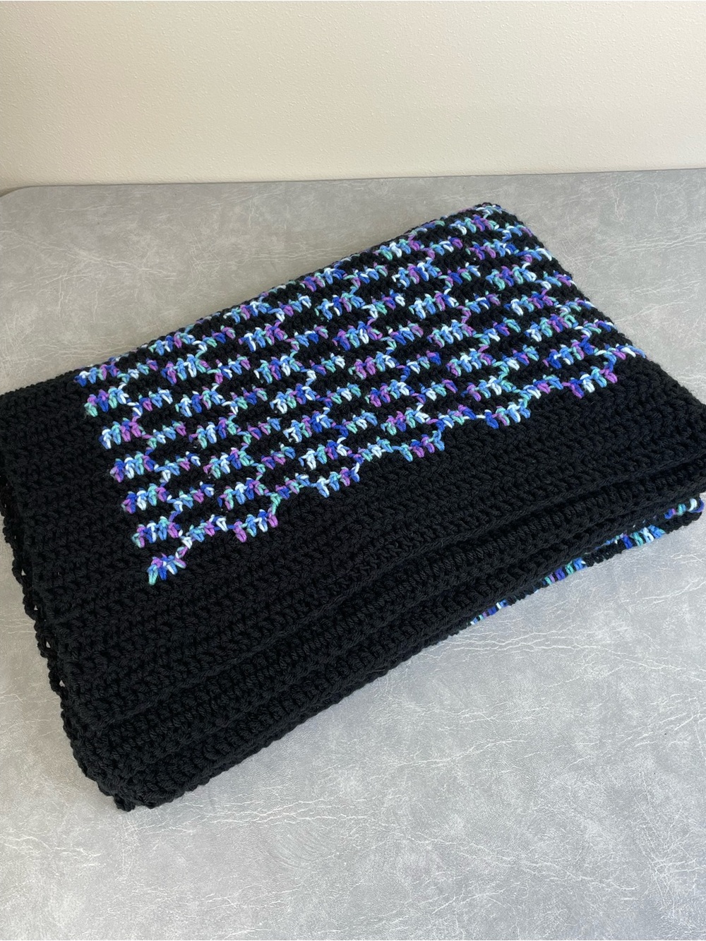 NEW Handmade Crochet Throw Variegated Blue, Aqua & Purple Bordered in Black
